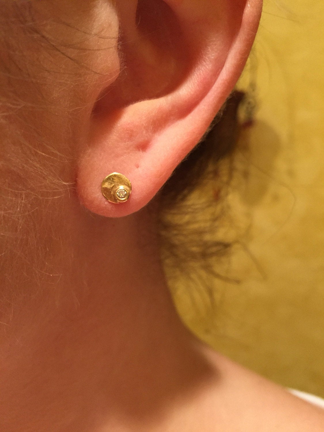 Disc Earrings Diamond Studs Gold Earrings - Diamond Pebble Disc 14K Gold Earrings - Diamond Stud Earrings - White Diamond Earrings