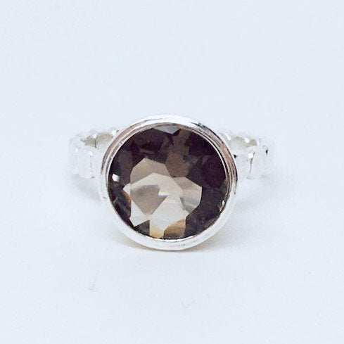 Smoky Quartz Bezel Stack Ring Solitaire Sterling Silver or Gold Wedding Set