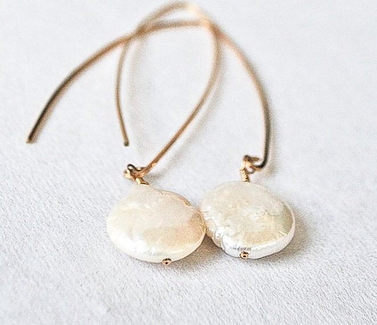 Pearl Threader Earring Classic & Modern - Wedding White Pearl Earring - Cream Freshwater Coin Pearl Handmade Gold Earring