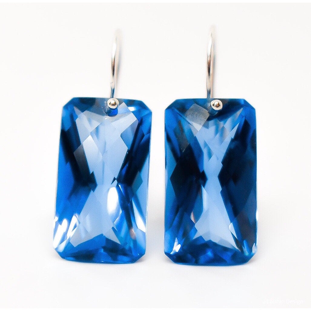 London Blue Quartz Recycled Argentium Dangle Earrings Something Blue Pan Cut 49 carats. Made in 14k or Silver