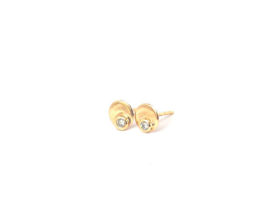 Disc Earrings Diamond Studs Gold Earrings - Diamond Pebble Disc 14K Gold Earrings - Diamond Stud Earrings - White Diamond Earrings