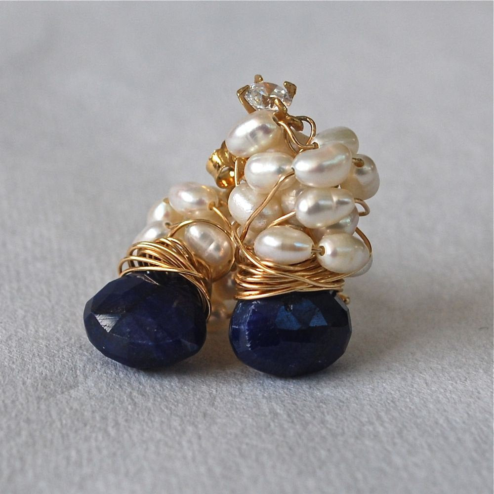 Blue Sapphire and White Pearl Stud Earring Something Blue Royal Blue Sapphire Pearl Cluster Earrings