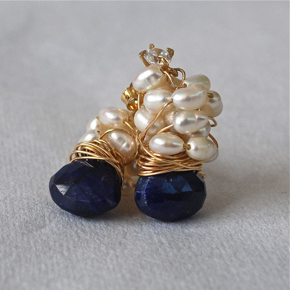 Blue Sapphire and White Pearl Stud Earring Something Blue  Royal Blue Sapphire Pearl Cluster Earrings
