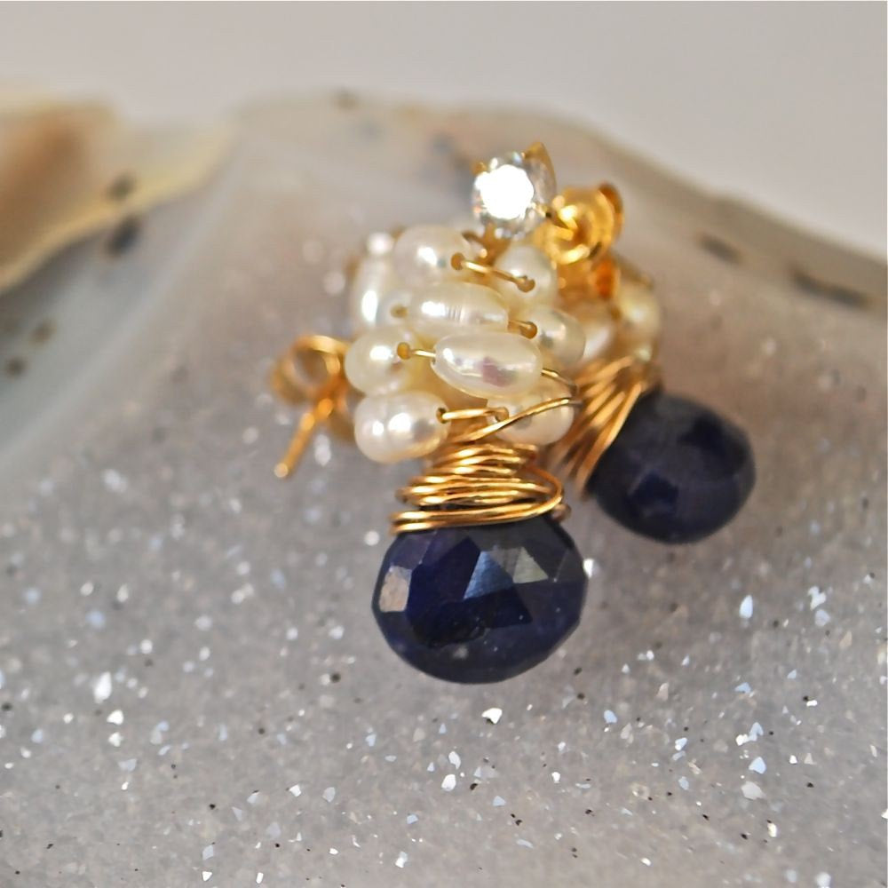 Blue Sapphire and White Pearl Stud Earring Something Blue Royal Blue Sapphire Pearl Cluster Earrings