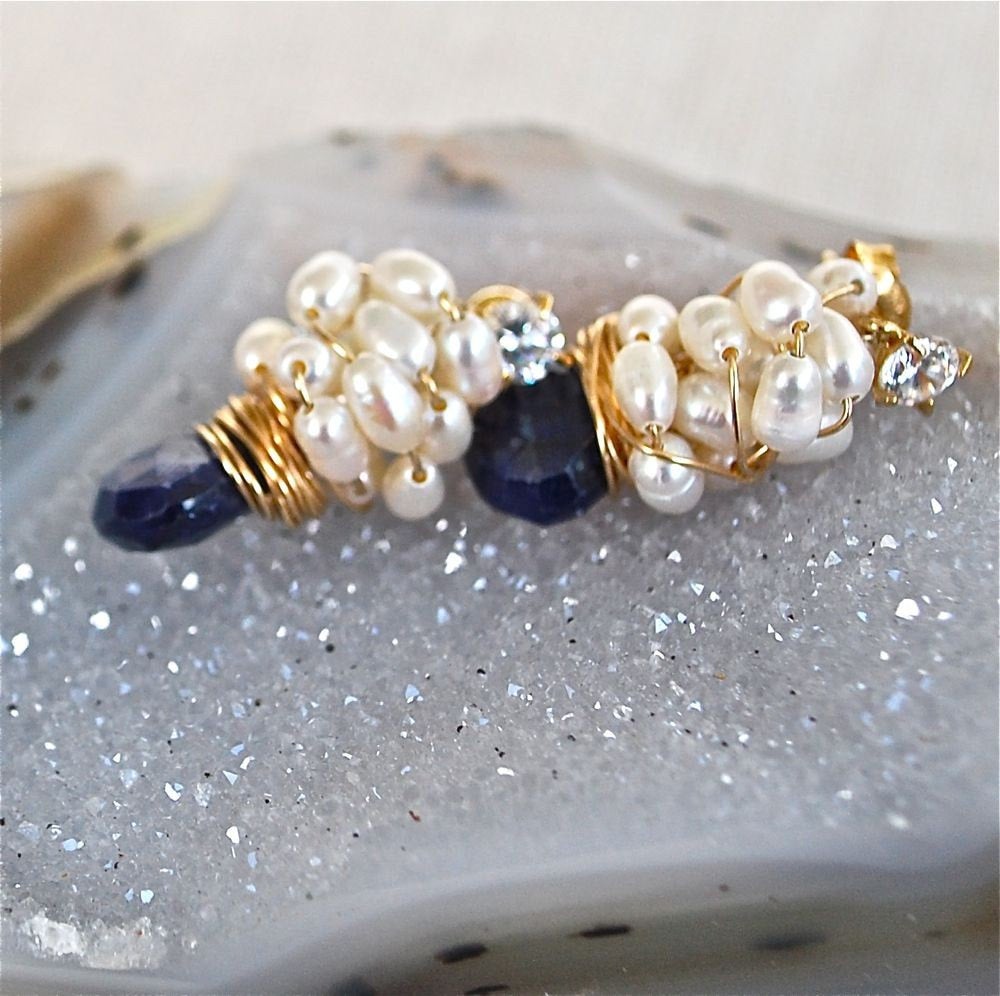 Blue Sapphire and White Pearl Stud Earring Something Blue Royal Blue Sapphire Pearl Cluster Earrings