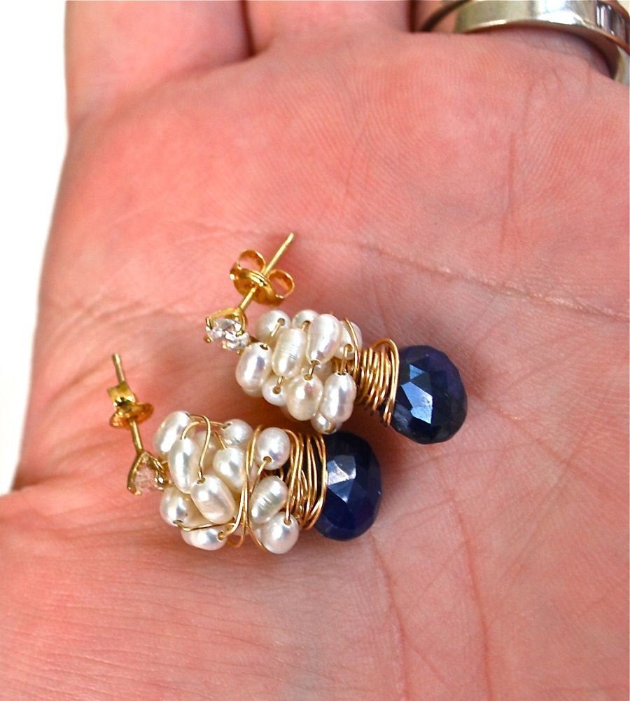 Blue Sapphire and White Pearl Stud Earring Something Blue Royal Blue Sapphire Pearl Cluster Earrings