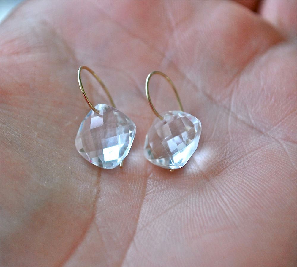 Clear Rock Quartz 14K Gold Earrings April Birthstone