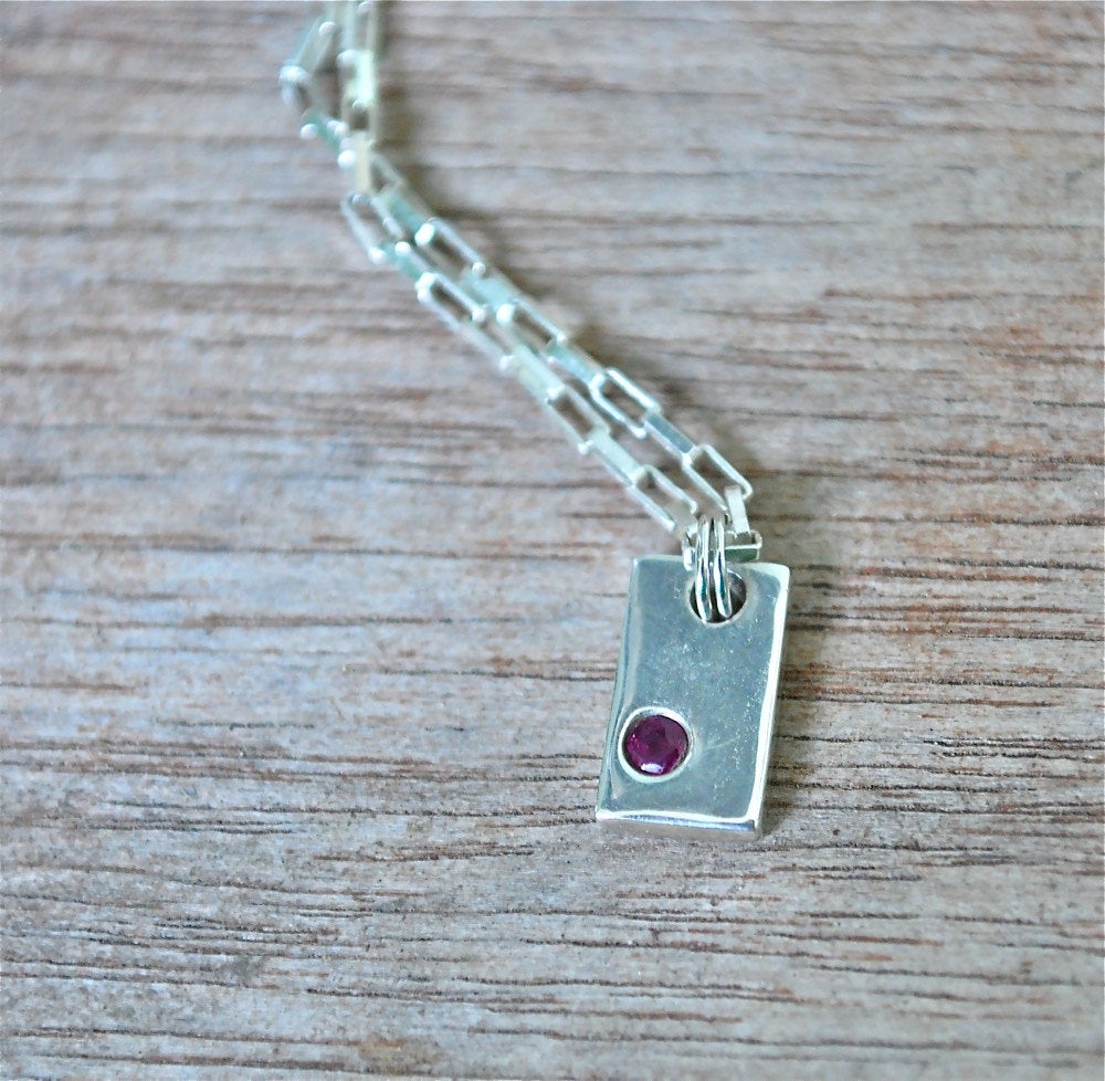Recycled Sterling Silver Flush Set Ruby Gemstone Necklace Pendant Birthstone
