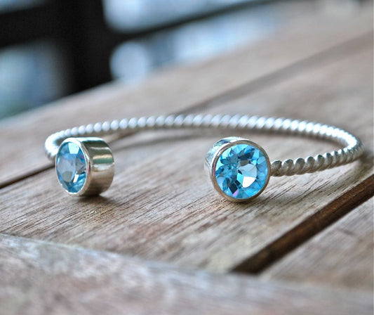 Cuff Bracelet Sterling Silver Gemstone Bracelet Blue Topaz Twist Bangle Cuff Custom Size Gift for Her