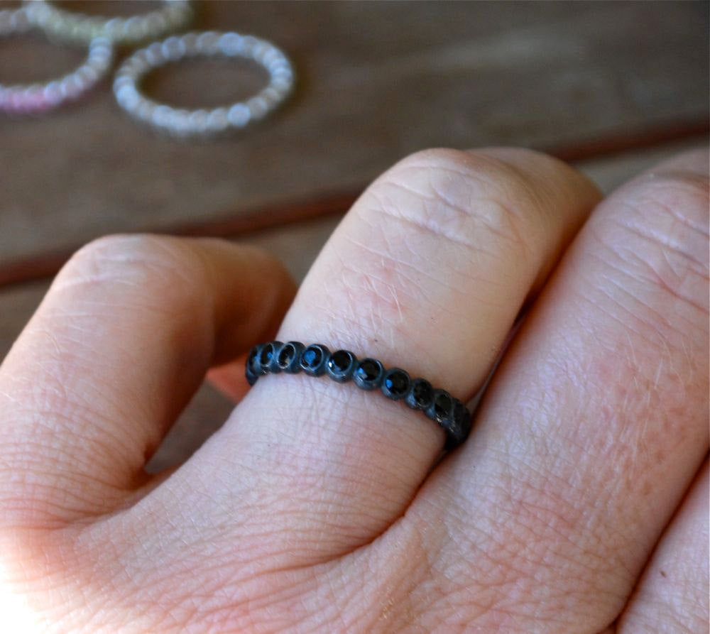 Stacking Ring - Wedding Stackable Ring - Gemstone Birthstone Ring - Black Spinel Eternity Stacking Ring in Oxidized Recycled Sterling Silver