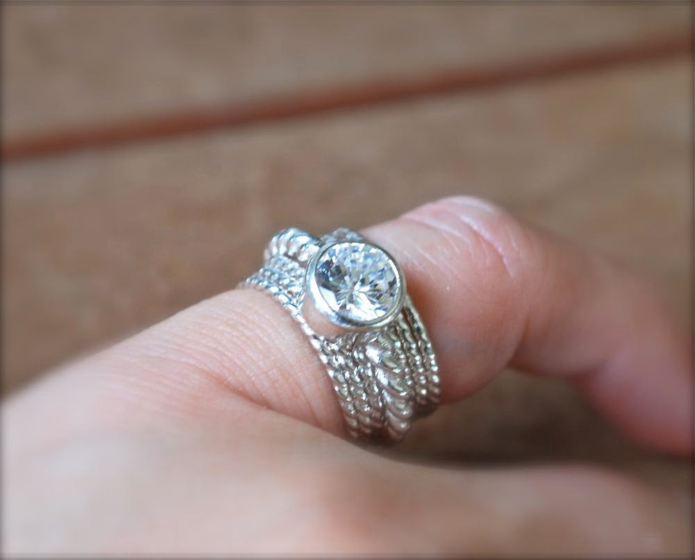 White Topaz Diamond Ring Alternative - Handmade Engagement Ring - 6 Twist Stack Rings - Recycled Sterling Silver Stackable