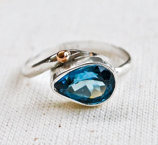 Blue Topaz Sterling and Rose Gold Droplet Ring