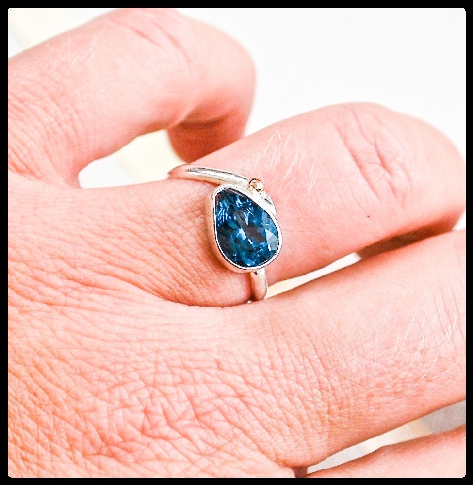 Blue Topaz Sterling and Rose Gold Droplet Ring