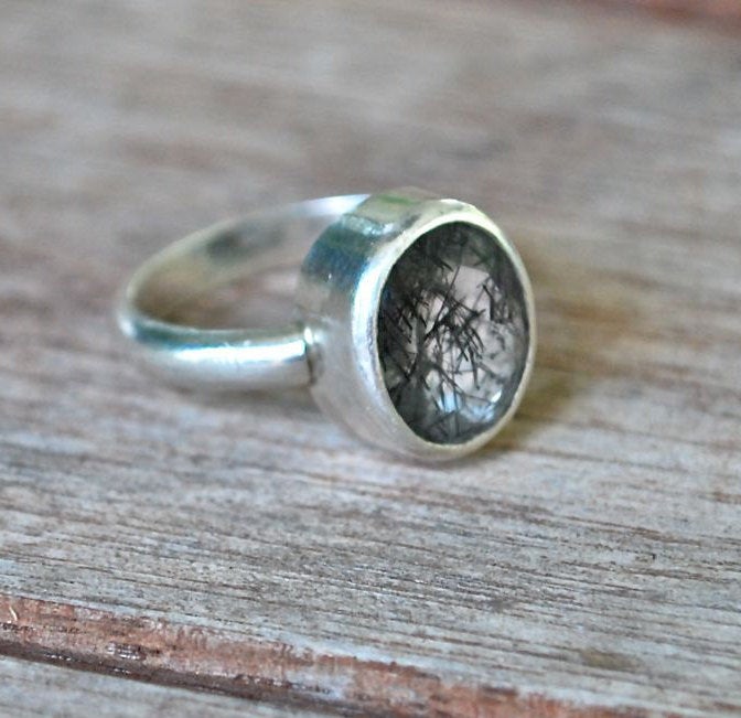 Black Tourmalinated Quartz Ring - Rutilated - Recycled Sterling Silver Statement Ring - Rock Candy - Handmade Gemstone Ring