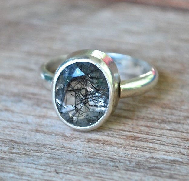 Black Tourmalinated Quartz Ring - Rutilated - Recycled Sterling Silver Statement Ring - Rock Candy - Handmade Gemstone Ring