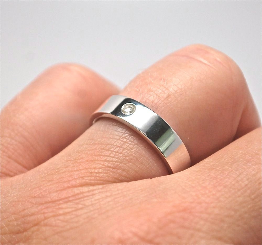 Rose Cut Diamond Band- Ring - Sterling Wedding Band Comfort Fit - Sterling Silver Men's Wedding Ring - Wide Silver Band - 5mm Wide Band