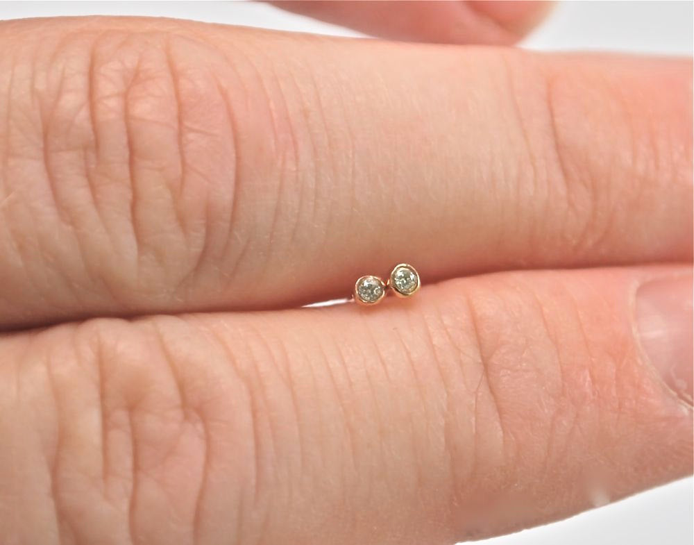 Tiny White Diamond Stud Earrings, Pair 14k Rose Gold Diamond Earrings, Diamond Stardust Earrings, Diamond Studs, Cartilage Earrings