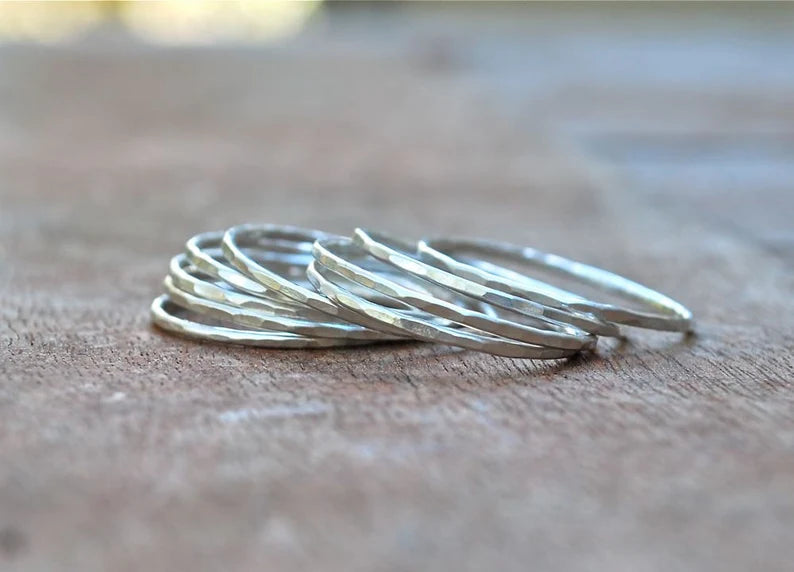 Thin Rings Hammer Faceted Forged Recycled Argentium Silver Stacking Rings The Skinny Stack Set of 10