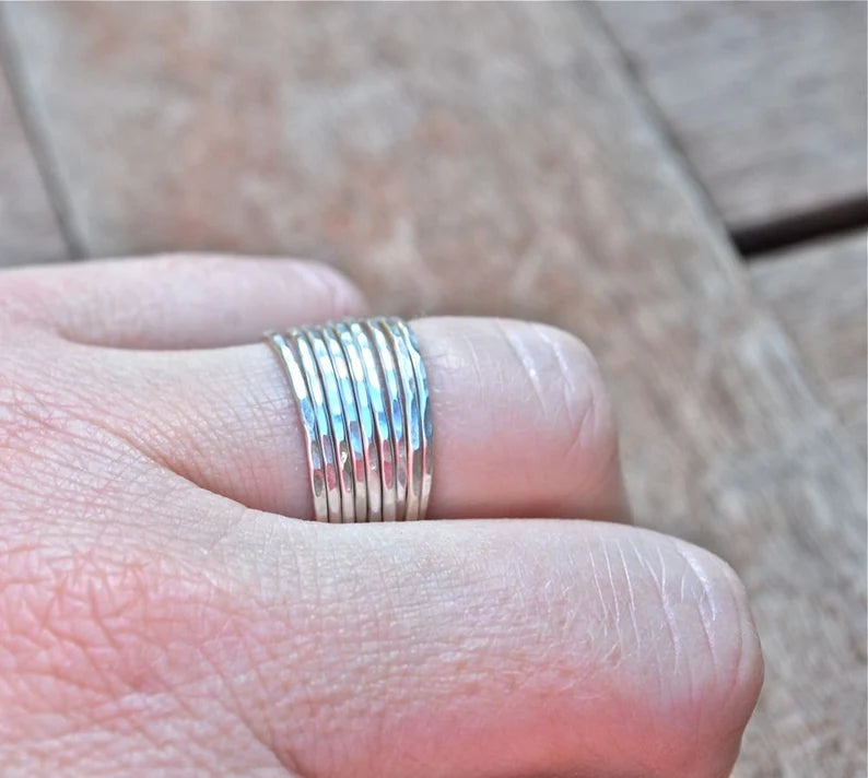 Thin Rings Hammer Faceted Forged Recycled Argentium Silver Stacking Rings The Skinny Stack Set of 10