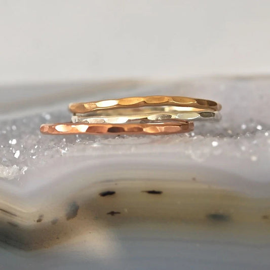 Hammered Stack Bands Mixed Metal Delicate Gold, Rose Gold, Silver -- Skinny Stacks
