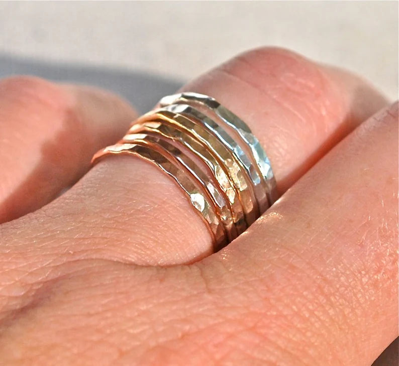 Hammered Stack Bands Mixed Metal Delicate Gold, Rose Gold, Silver -- Skinny Stacks