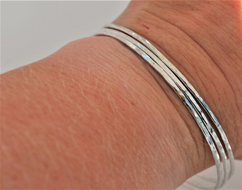 Super Thin Bangles Hammer Faceted And Forged 3 Silver Stack Bracelets Recycled Sterling Silver Bangle Stacking Bracelets