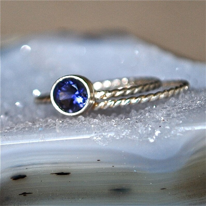 Purple Blue Iolite Gemstone Stacking Ring and 2 Twist Stacking Bands in Recycled Sterling Silver