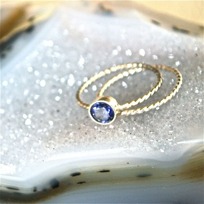Purple Blue Iolite Gemstone Stacking Ring and 2 Twist Stacking Bands in Recycled Sterling Silver