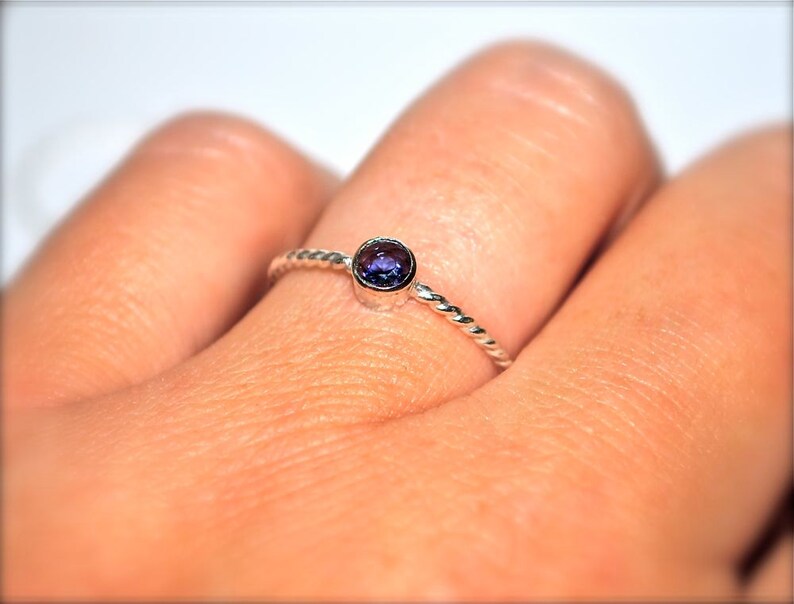 Purple Blue Iolite Gemstone Stacking Ring and 2 Twist Stacking Bands in Recycled Sterling Silver
