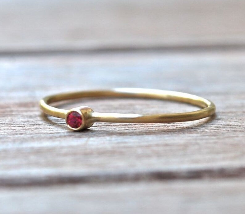 Tiny July Birthstone Ring • Pink Ruby Ring - Dainty Gold Ring - Gemstone Ring - Mothers Ring Set - Gift for Her - Thin Stacking Rings - Thin