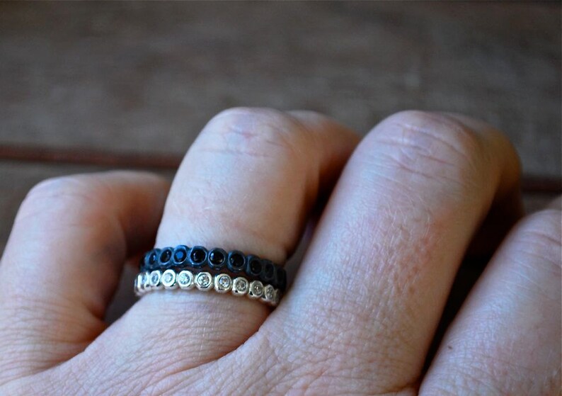 Black and White Yin and Yang Rings Stackable Wedding Bands - Ring Guards Set of 2 Made of Recycled Sterling Silver and Gemstones
