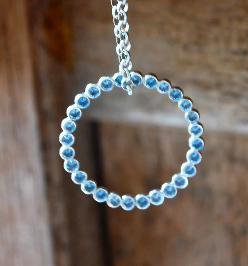 Circle Infinity Necklace - Circle Eternity Pendant Necklace in Recycled Eco Friendly Sterling Silver - Blue Topaz - Made to order