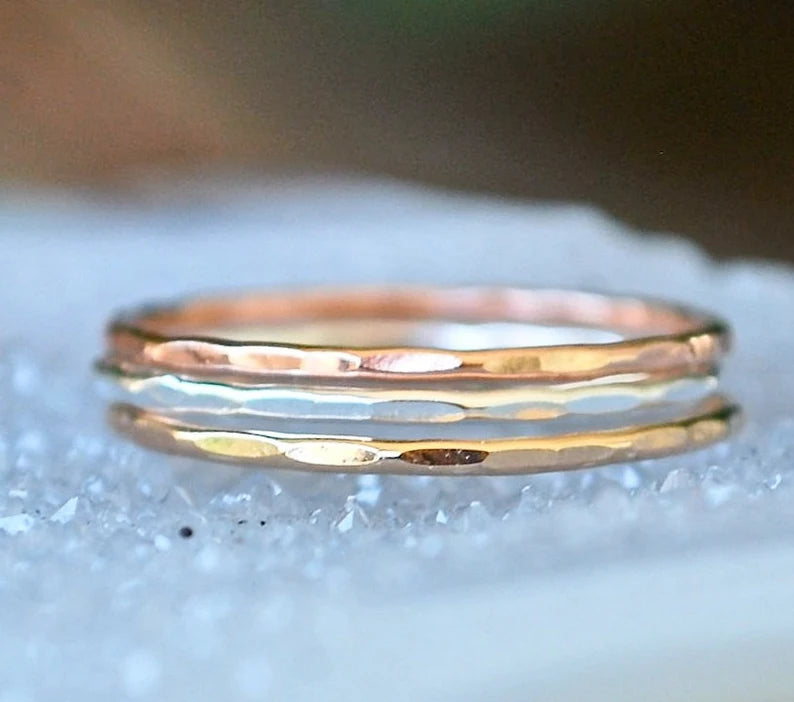 Super Thin Hammered Shiny 10k Gold and silver stack rings 10k rose gold, 10k yellow gold and Argentium sterling silver ring stack