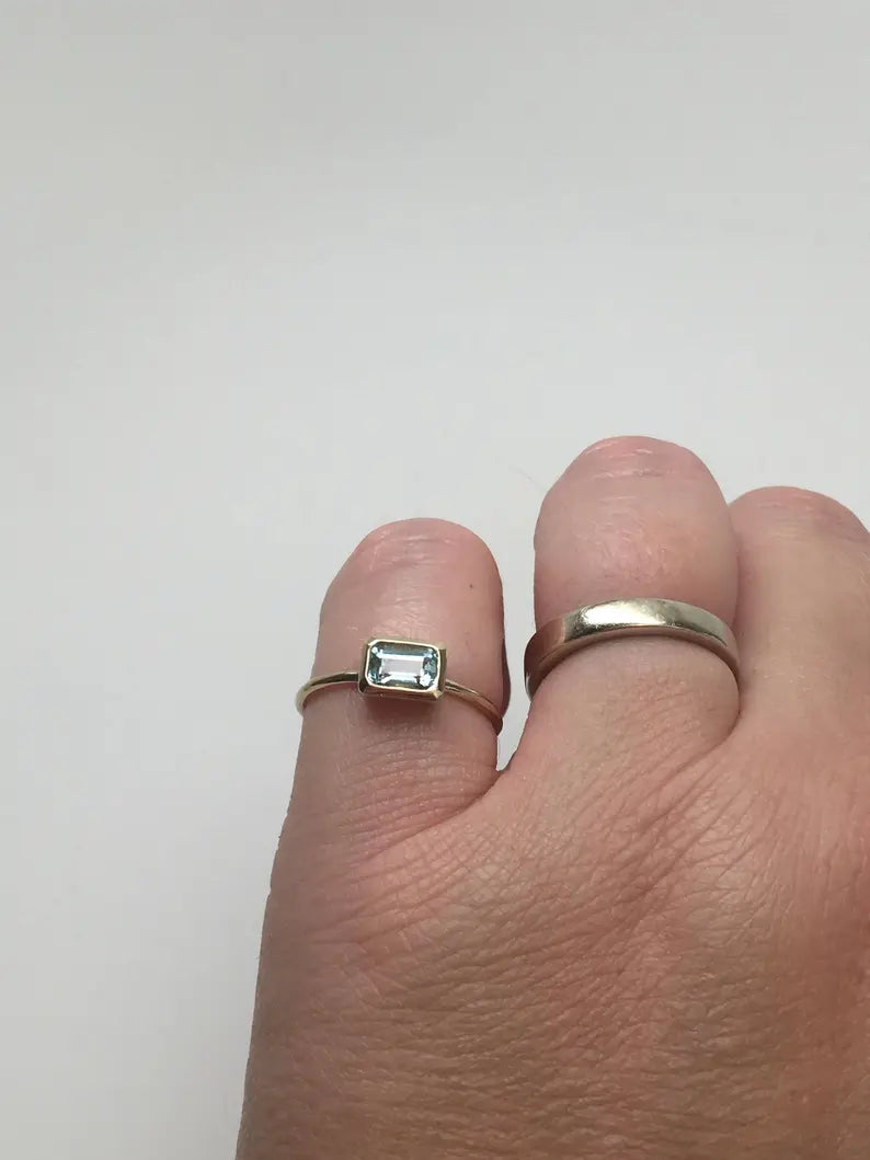 Blue Emerald Cut Aquamarine 14k Gold Ring Made to Order March Birthstone