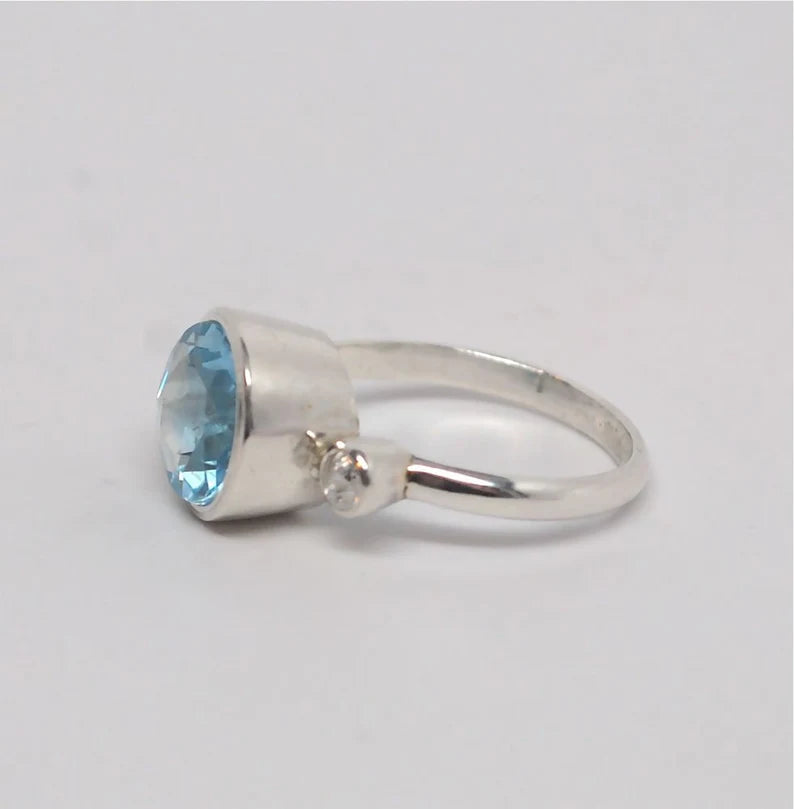 Blue Topaz Swiss Blue Three Stone Diamond Ring 14k White Gold Engagement Ring or Sterling Silver Right Hand Ring