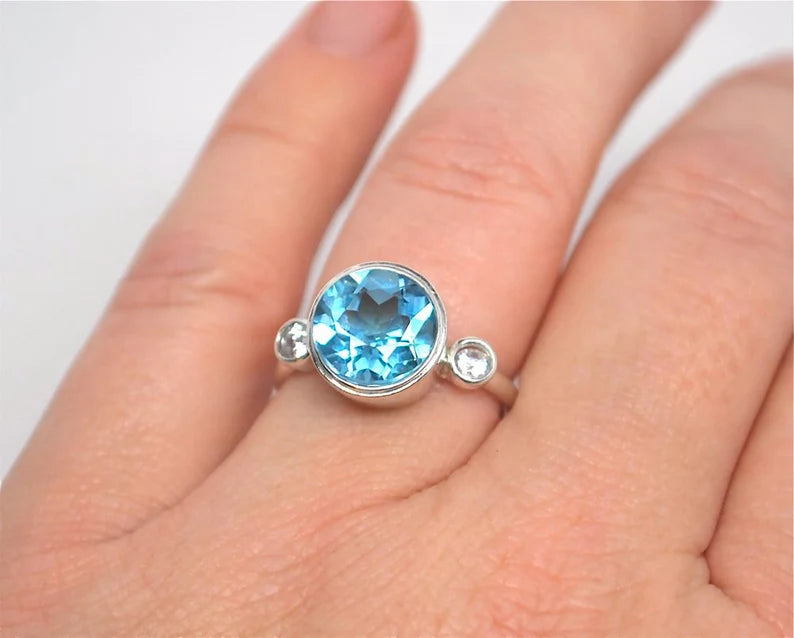 Blue Topaz Swiss Blue Three Stone Diamond Ring 14k White Gold Engagement Ring or Sterling Silver Right Hand Ring