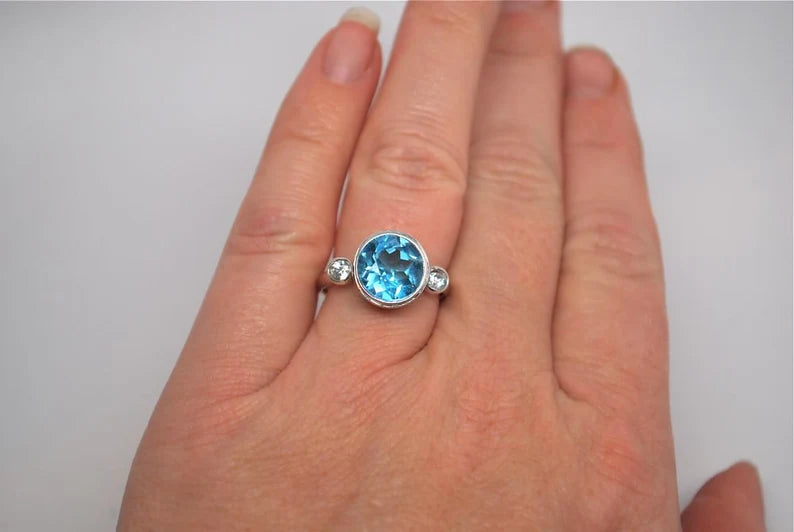 Blue Topaz Swiss Blue Three Stone Diamond Ring 14k White Gold Engagement Ring or Sterling Silver Right Hand Ring