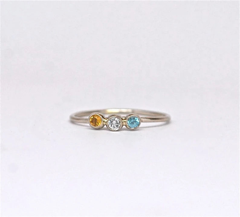 Modern Minimalist Mothers Ring - Diamond and Birthstone 14k Gold Pebble Ring Made to Order