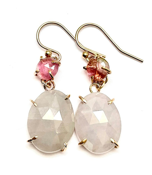 Large luscious grey moonstone claw set earrings with pink watermelon tourmaline 14k gold filled. Ready to ship