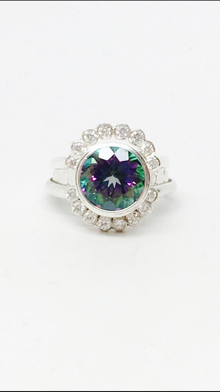 3 Ring Halo Set Mystic Topaz Bezel Stack Ring Solitaire Sterling Silver or Gold Wedding Set