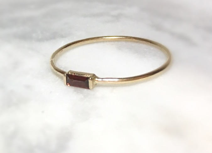 14k Gold and Baguette Red Garnet Ring Stacking Ring  Engagement January Birthstone Ring