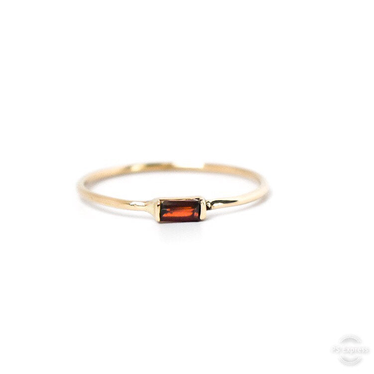 14k Gold and Baguette Red Garnet Ring Stacking Ring  Engagement January Birthstone Ring