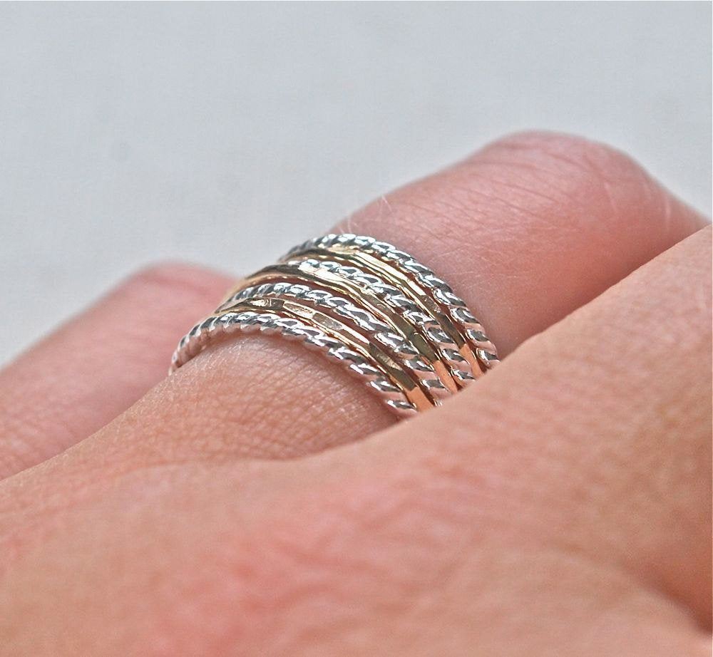 Sterling Silver and Gold Stack Rings Twist and Hammered Bands