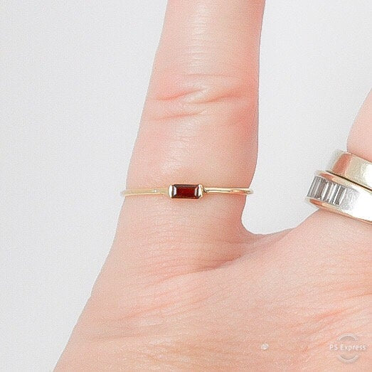 14k Gold and Baguette Red Garnet Ring Stacking Ring  Engagement January Birthstone Ring