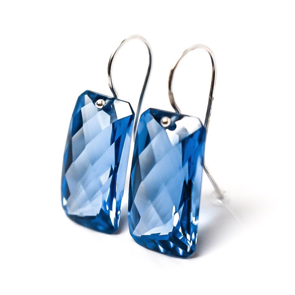 London Blue Quartz Recycled Argentium Dangle Earrings Something Blue Pan Cut 49 carats. Made in 14k or Silver