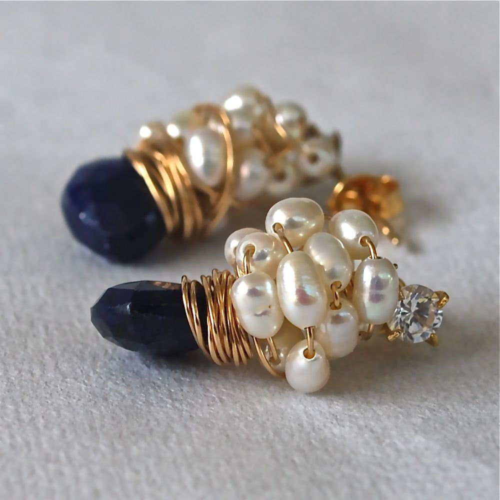 Blue Sapphire and White Pearl Stud Earring Something Blue  Royal Blue Sapphire Pearl Cluster Earrings