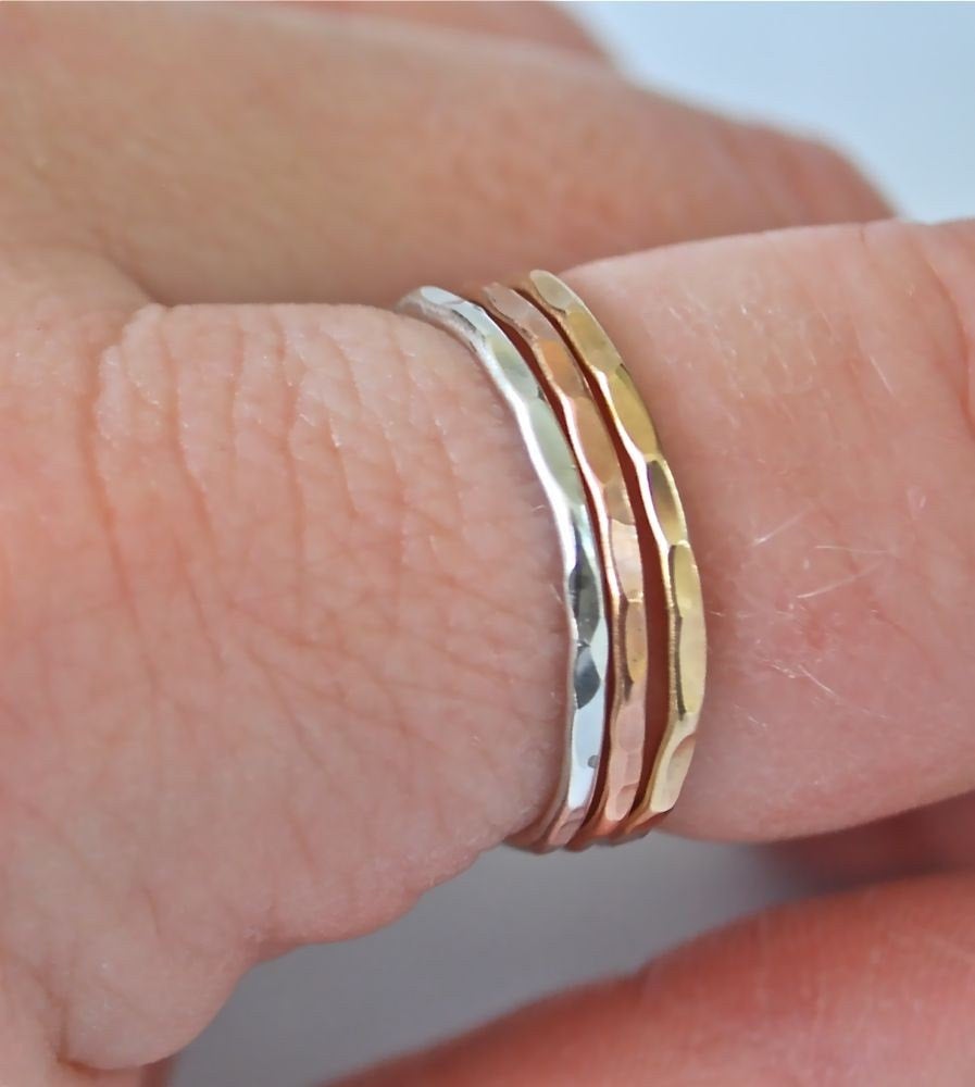 Twelve (12) Stack Rings in Rose gold, silver, gold -- Skinny Stacks 12 rings