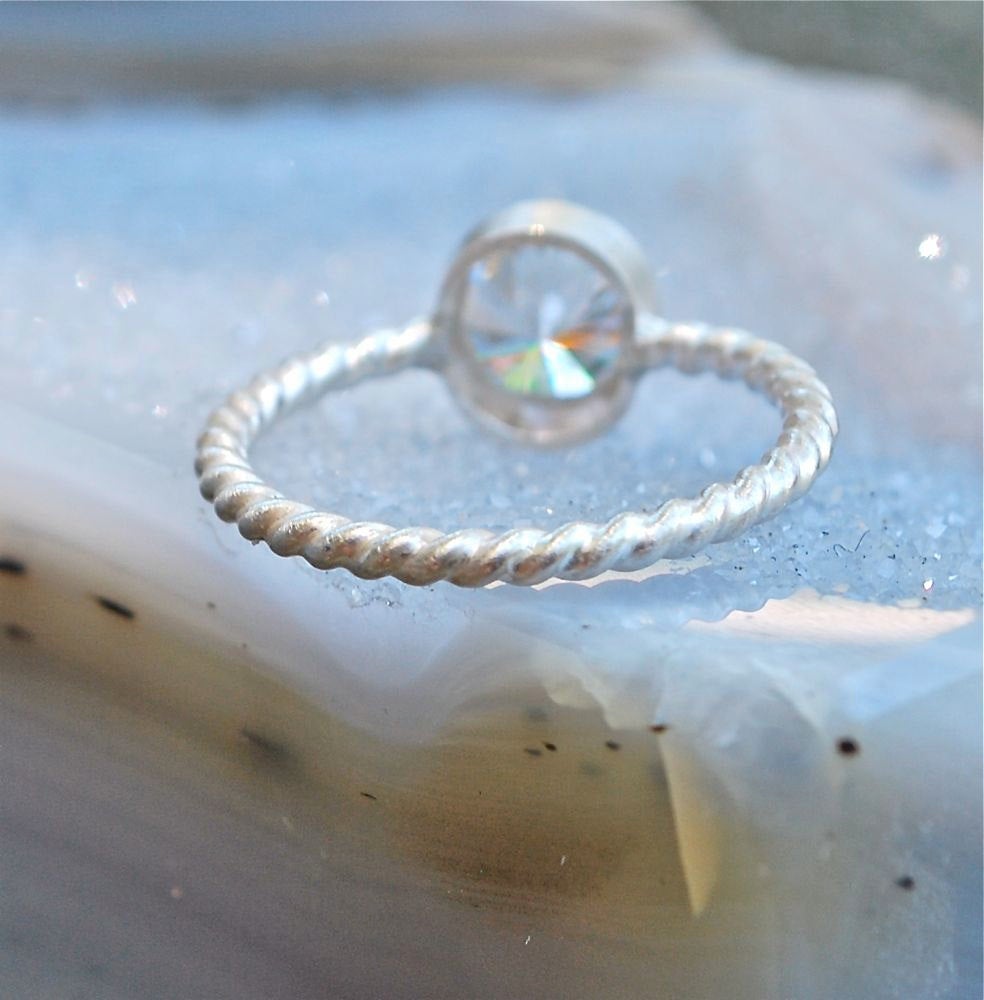 White Topaz Diamond Ring Alternative - Handmade Engagement Ring - 6 Twist Stack Rings - Recycled Sterling Silver Stackable