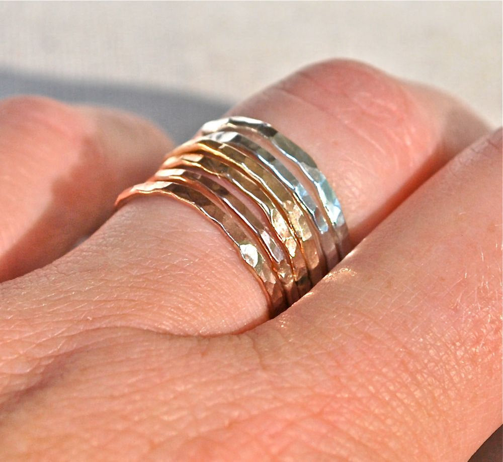 5 Delicate Stack Rings, Triple Stack Rings, Delicate Bands, Mother Rings- 3 Yellow Gold Filled and 2 Silver Stack Ring The Skinny Stack Set