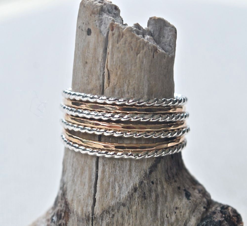 Sterling Silver and Gold Stack Rings Twist and Hammered Bands